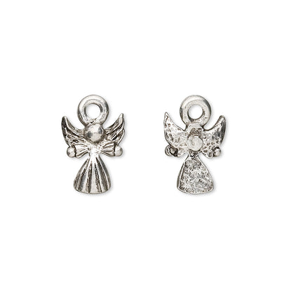 A pair of silver angel charms with textured finishes and hanging loops, displayed side-by-side on a plain white background.