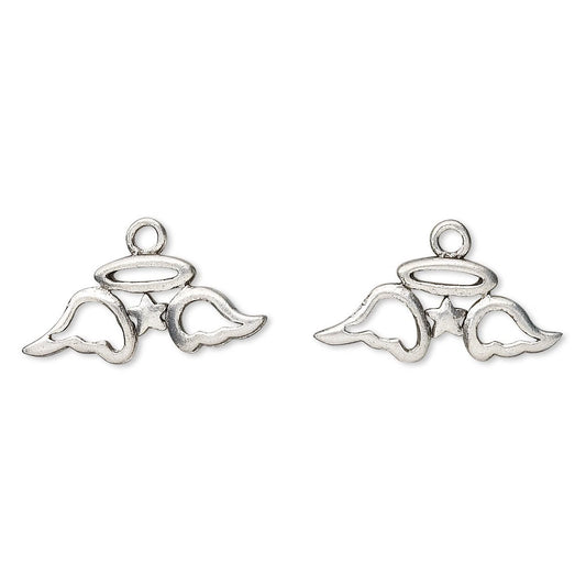 A pair of silver angel wing charms with a halo and star detail, shown on a plain white background.