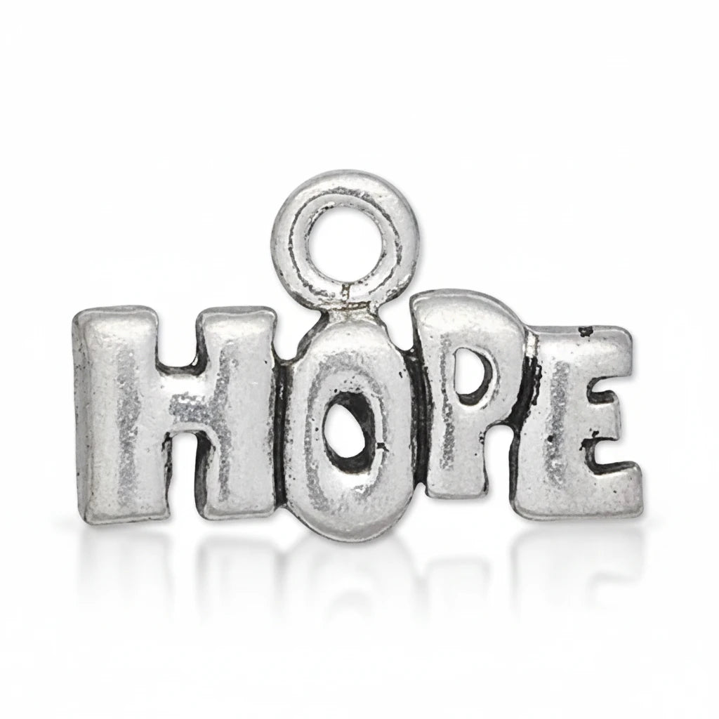 A silver-toned metal charm spelling the word 'HOPE' in block letters, with a loop at the top for attachment, shown on a plain white background.