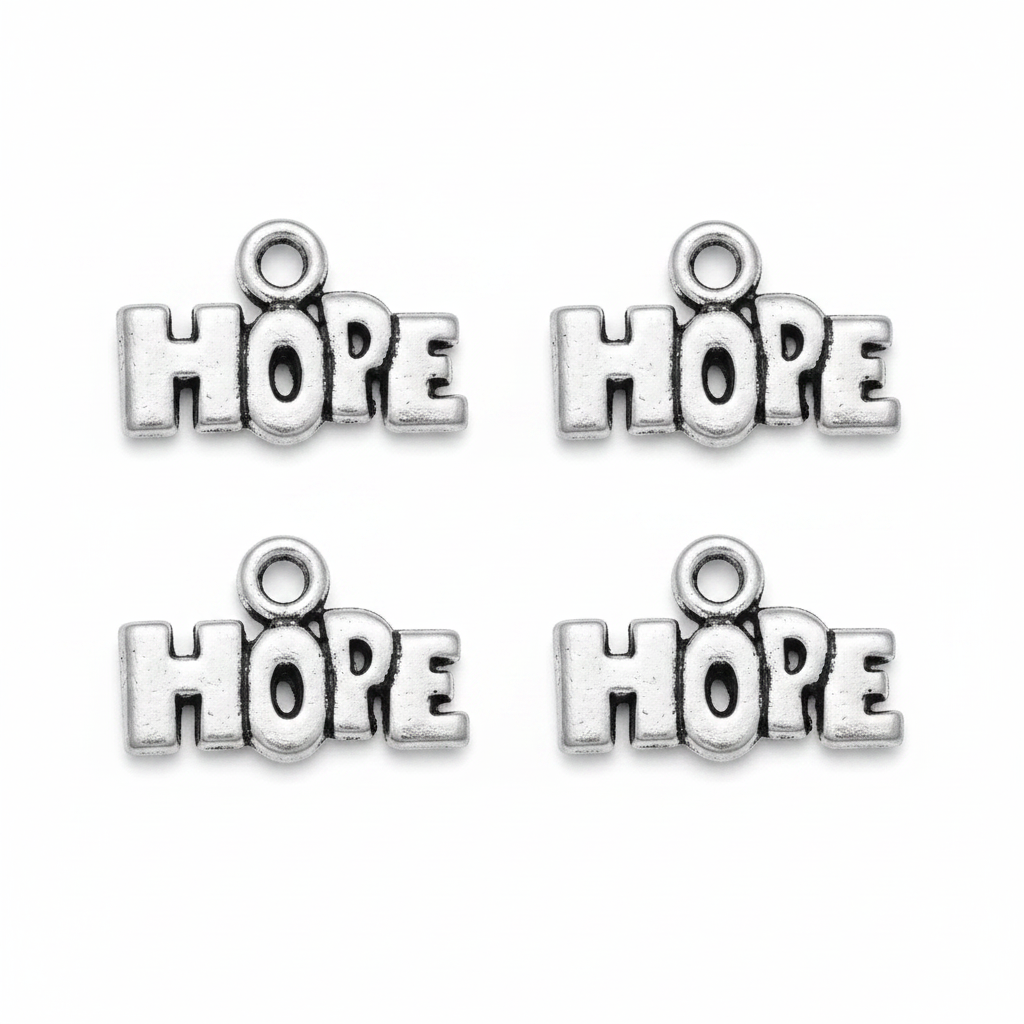 Four silver-toned metal charms spelling 'HOPE' arranged in a 2x2 grid on a plain white background.