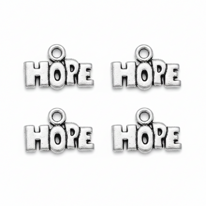Four silver-toned metal charms spelling 'HOPE' arranged in a 2x2 grid on a plain white background.