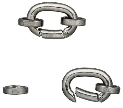 Gunmetal Plated Brass Self-Closing Hinged Clip Bail Clasps 14x10mm with Jump Rings — 1 or 4 Packages