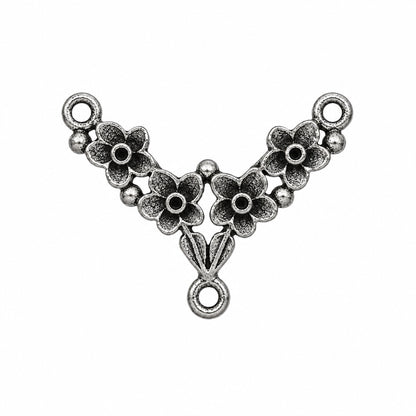 Silver-tone metal jewelry findings with a vintage antiqued finish, featuring a symmetrical floral pattern with three flower motifs and three hanging loops.