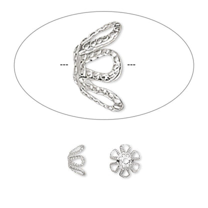 Silver Plated Brass Filigree Flower Bead Caps, 7x4mm, 100 pcs