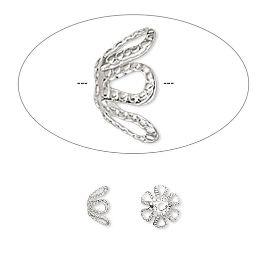 Silver Plated Brass Filigree Flower Bead Caps, 7x4mm, 100 pcs