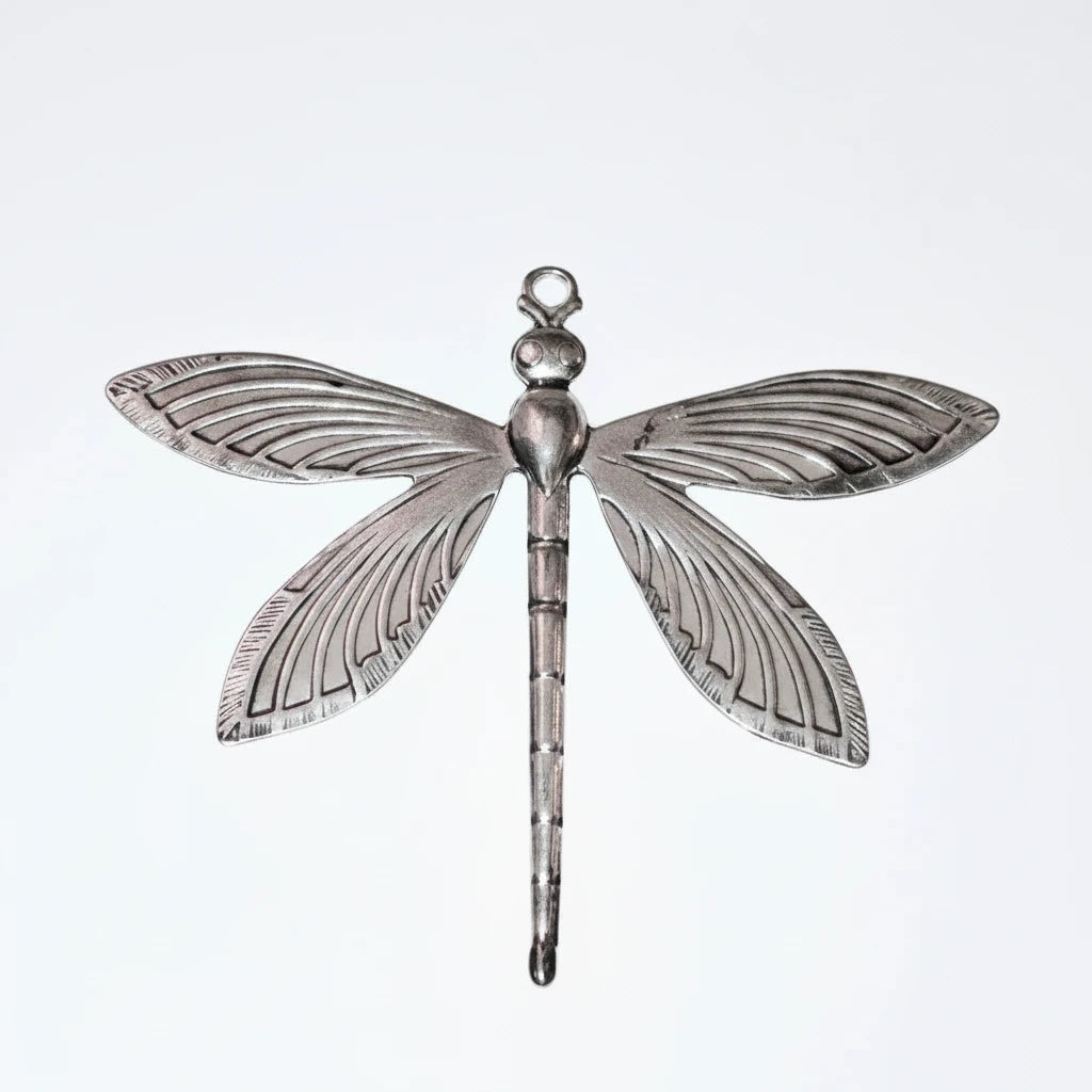 A silver dragonfly pendant with detailed wing and body engravings, shown against a white background with a coin and a small text watermark at the bottom.