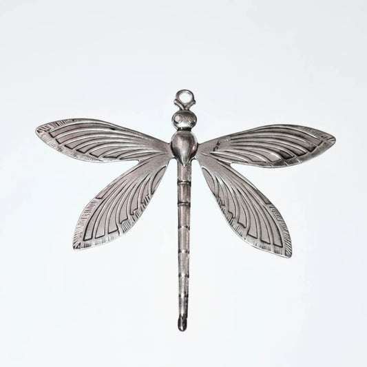 A silver dragonfly pendant with detailed wing and body engravings, shown against a white background with a coin and a small text watermark at the bottom.