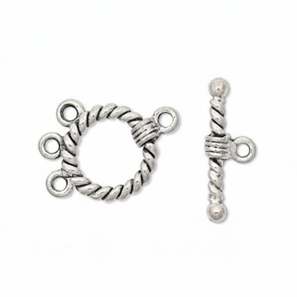 Antique silver-tone toggle clasp for jewelry, featuring a twisted rope design with a bail and two loops, shown alongside its side profile on a white background.