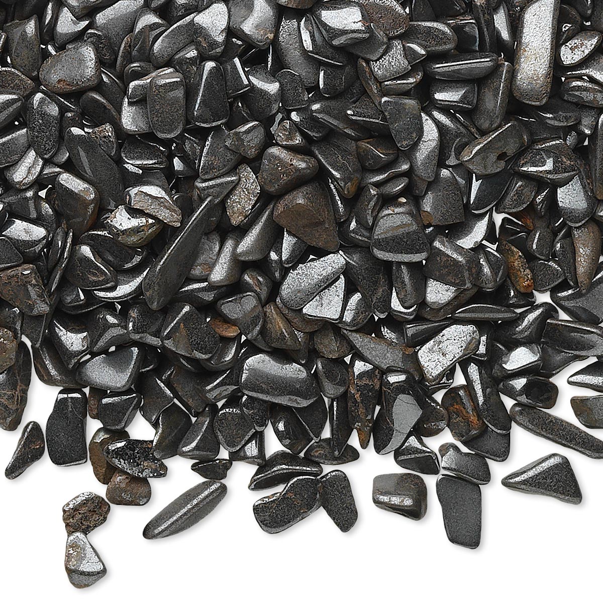 A pile of polished black river stones or pebbles with a glossy, metallic sheen, scattered across a white background.