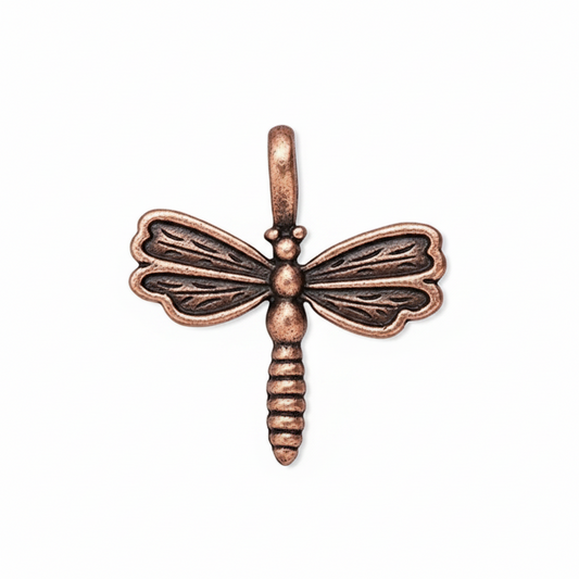 copper dragonfly charm with an antiqued finish, shown from front and back views on a plain white background.