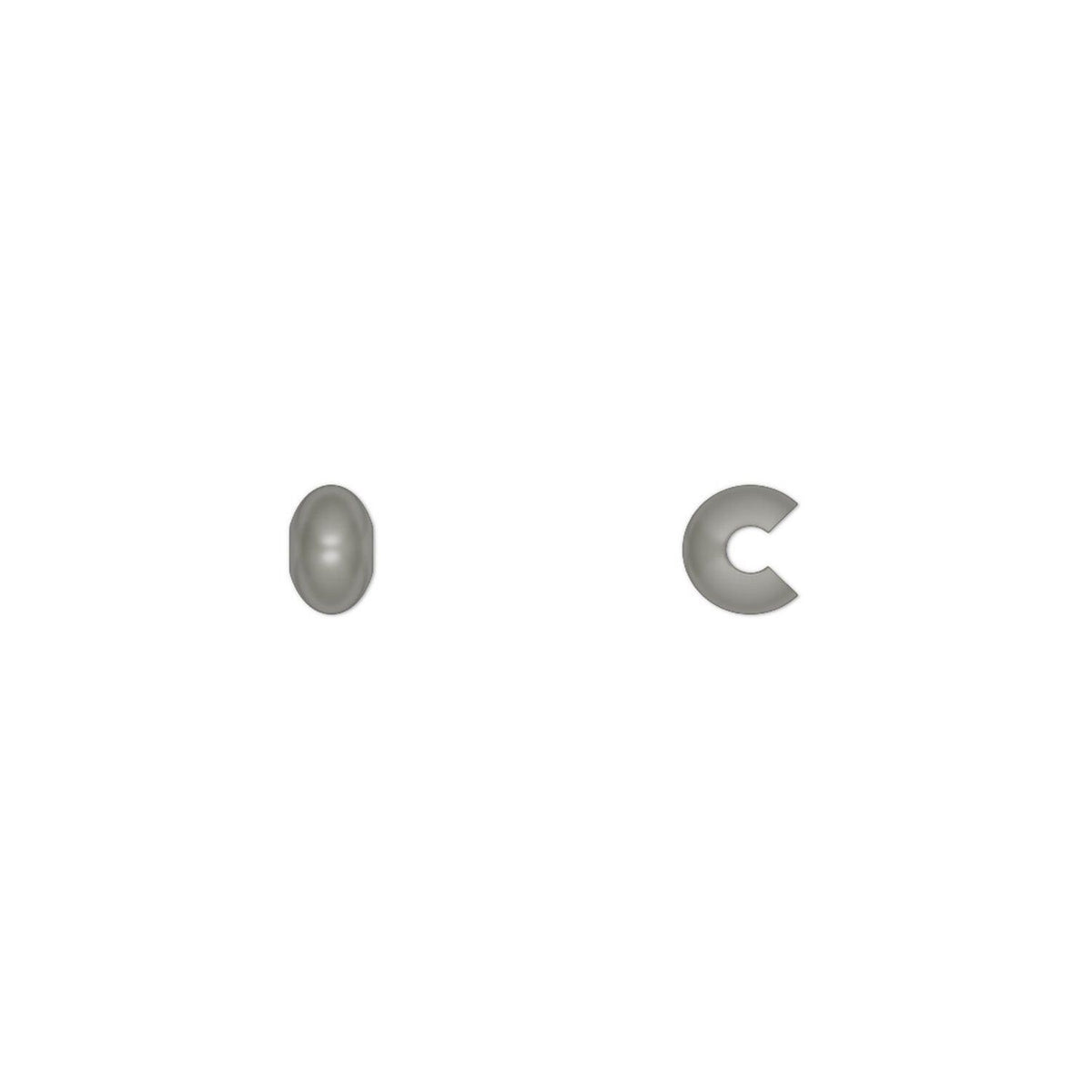 Two small gray jewelry findings on a plain white background: a smooth oval disc and a matching split ring with a crescent cutout.