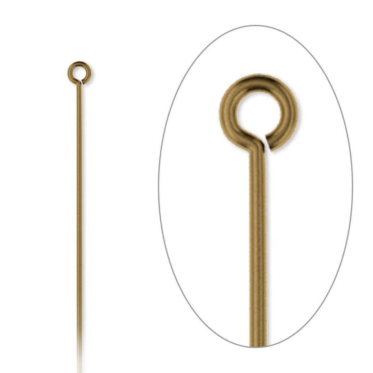 A long, thin gold-toned metal pin or hook with a circular loop at one end, shown on a white background with a circular inset close-up of the loop detail.