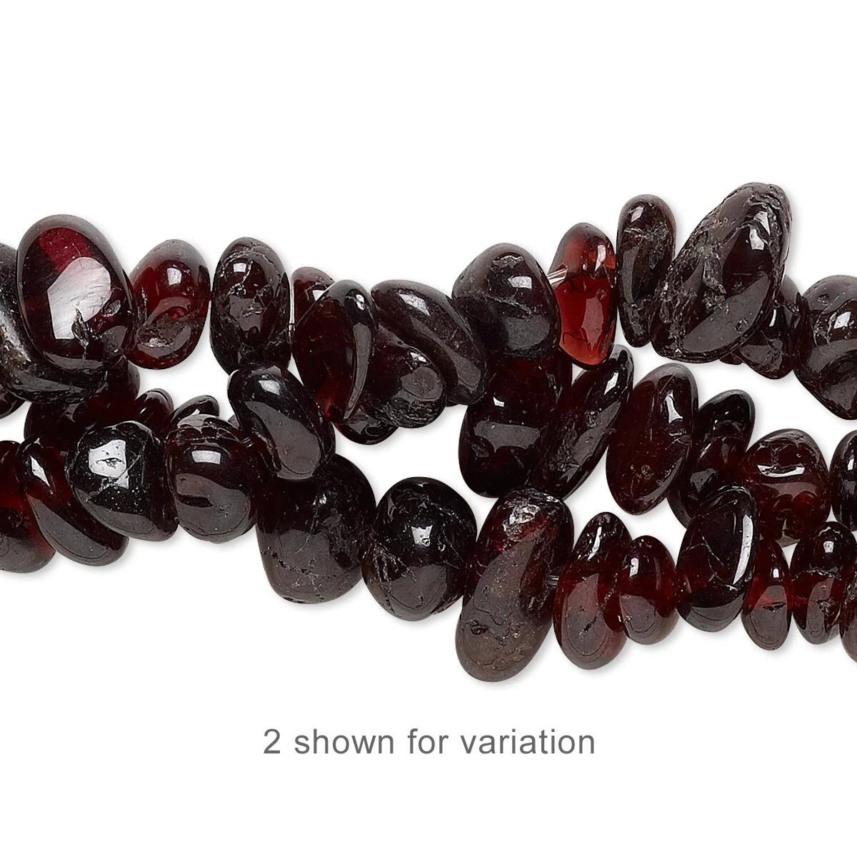 Dark red polished gemstone beads arranged in two strands on a white background, with the text '2 shown for variation' below.