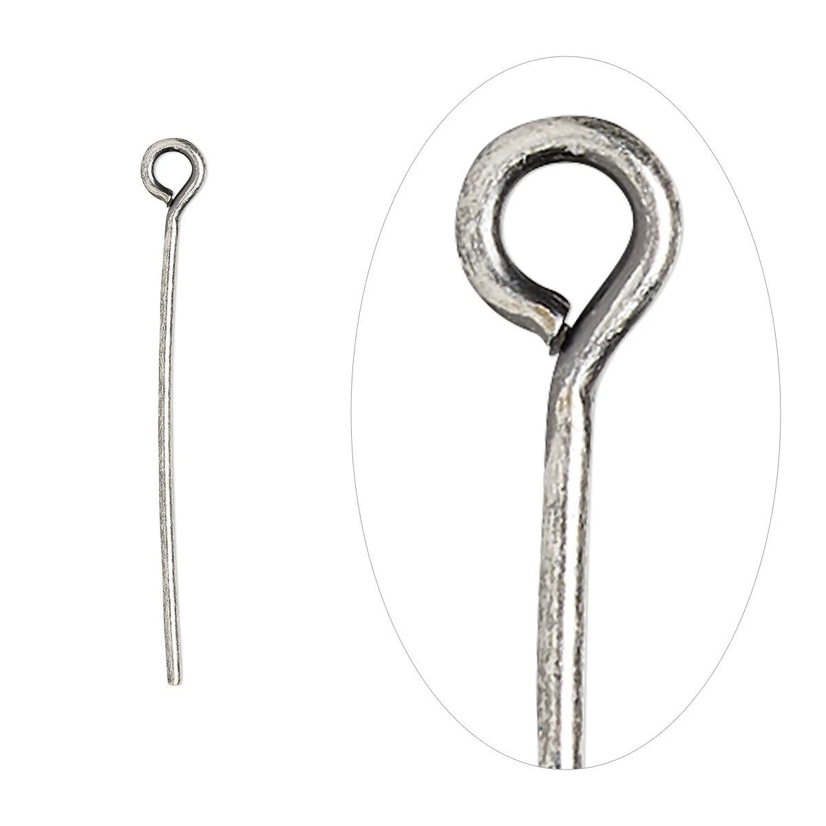 A silver-toned metal loop pin shown on a white background, with a smaller full-length view on the left and a larger close-up inside an oval on the right.