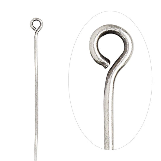 A silver-toned metal hook with a long straight stem and a looped end, shown alongside a circular close-up inset of the hook's curved tip on a white background.