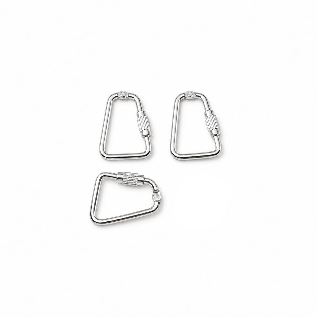 Three silver metal carabiners shown on a white background, with one carabiner placed next to a U.S. dime for scale.