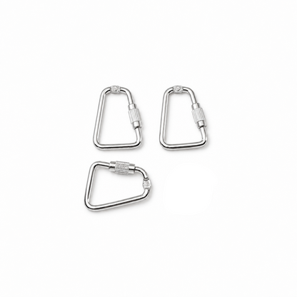 Three silver metal carabiners shown on a white background, with one carabiner placed next to a U.S. dime for scale.