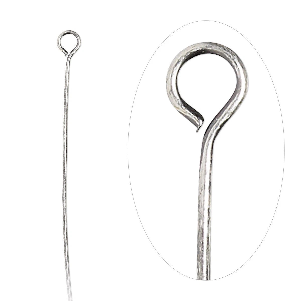 A silver-toned metal loop pin shown on a white background, with a circular inset providing a closer view of the hook-shaped end.