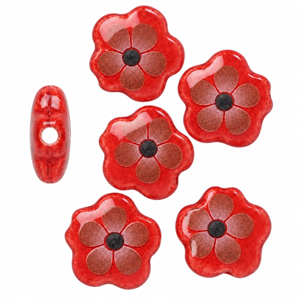Five red translucent flower-shaped beads with a metallic gold pattern and a black center, shown on a white background with one additional bead profile view.