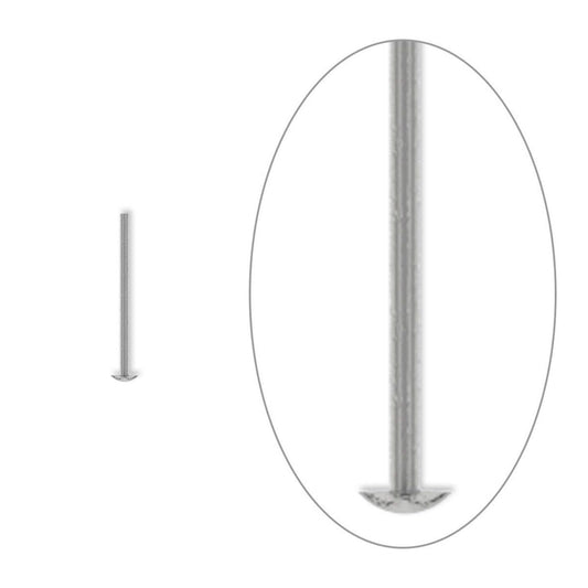 A close-up circular inset shows the tip of a long, thin metallic post or nail with a flared base, alongside a smaller full-length view on a plain white background.