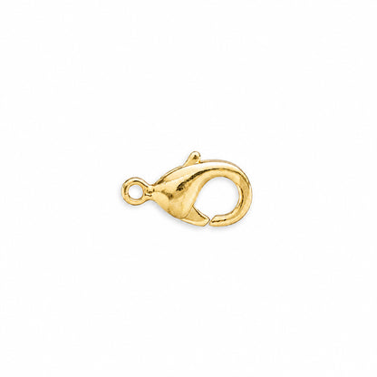 A small gold lobster clasp jewelry finding, isolated on a solid white background.