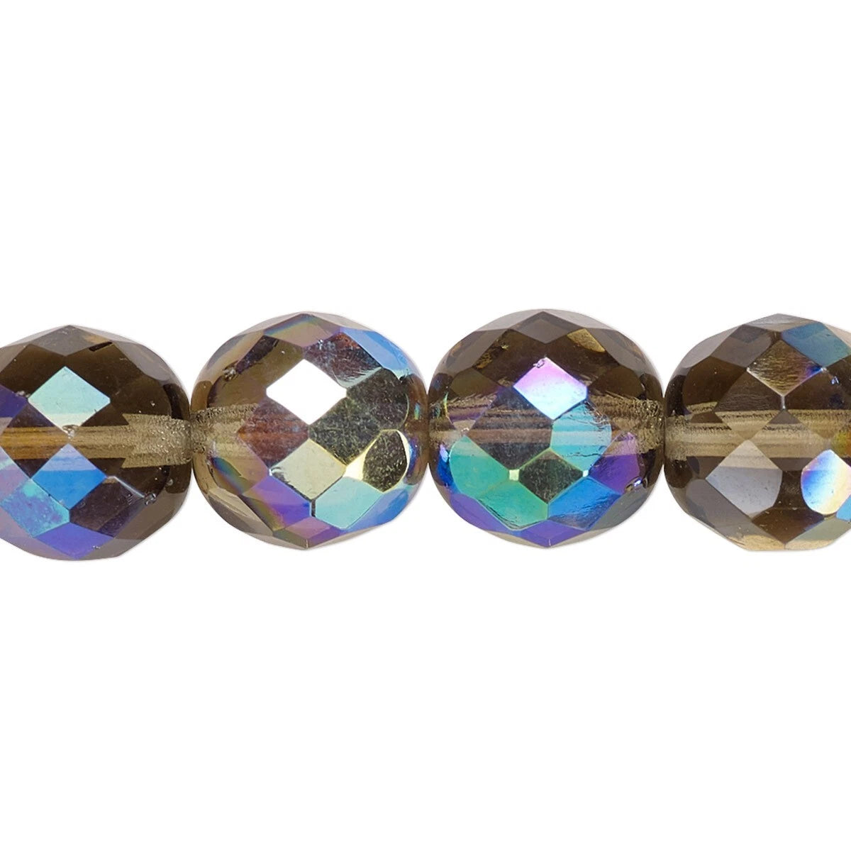 Four faceted round beads on a strand, featuring an iridescent finish that reflects shades of blue, green, purple, and gold against a white background.