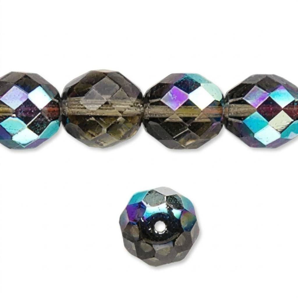 Faceted round beads with an iridescent smoky gray finish, showing reflections of blue, purple, and green, displayed on a white background.