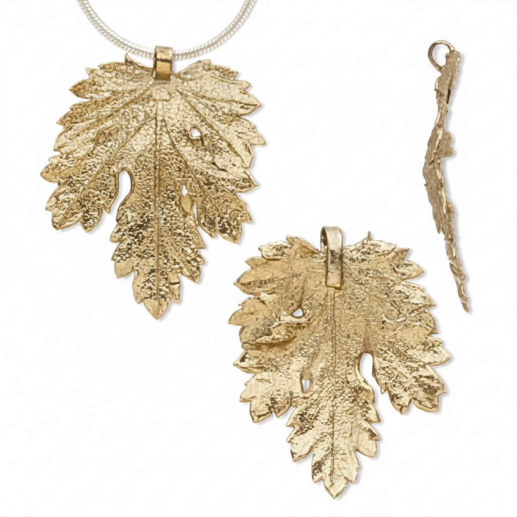 Gold leaf pendant necklace shown from multiple angles on a white background, including a view with a silver chain and a separate side view of the pendant.