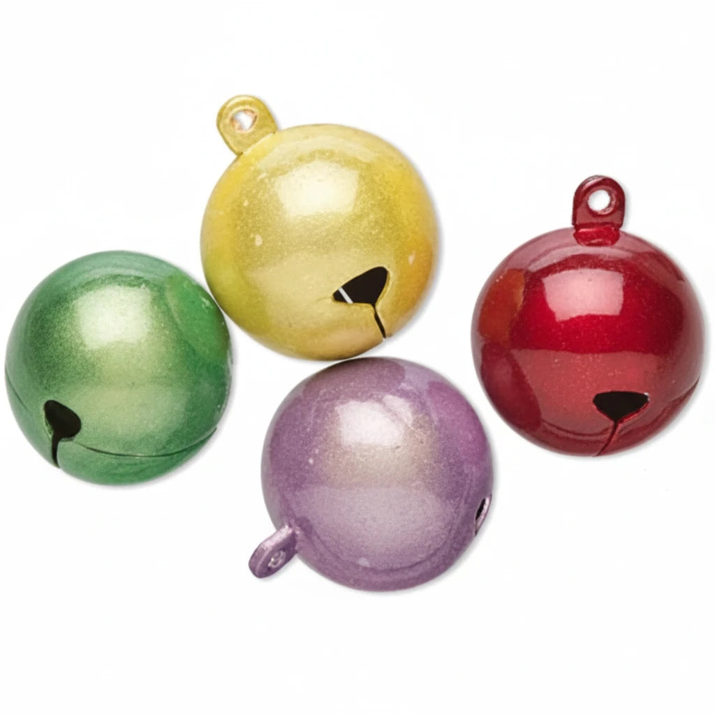 Four round jingle bell ornaments in green, yellow, purple, and red, shown on a plain white background.