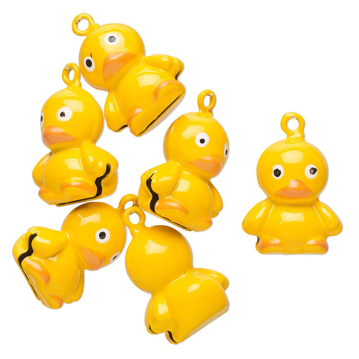 A set of glossy yellow rubber duck charms with small hanging loops, shown on a plain white background.