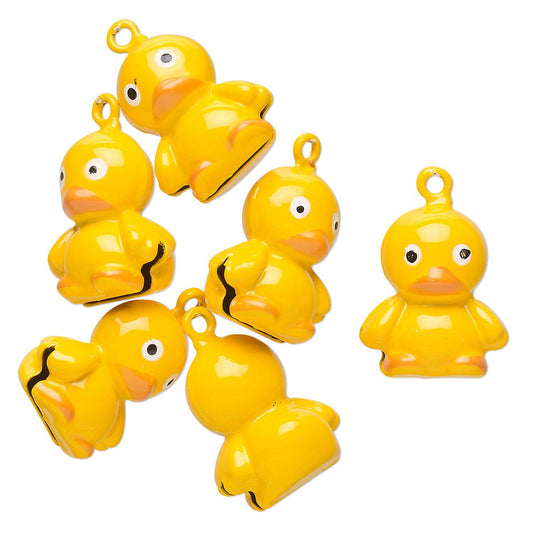 A set of glossy yellow rubber duck charms with small hanging loops, shown on a plain white background.
