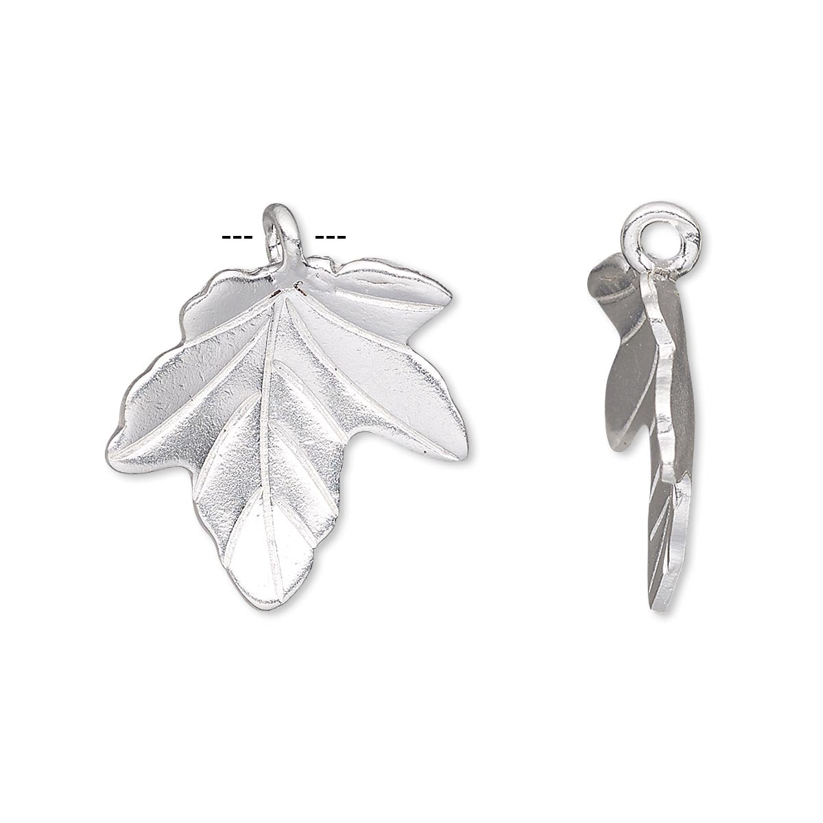 A silver maple leaf charm pendant shown from two angles on a plain white background: a front-facing view with a bail at the top and a side profile view showing the back and loop.