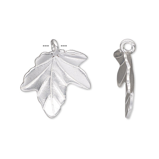 A silver maple leaf charm pendant shown from two angles on a plain white background: a front-facing view with a bail at the top and a side profile view showing the back and loop.