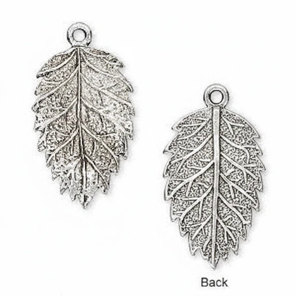 Two silver-toned leaf-shaped jewelry charms with textured engravings and top loops, shown on a white background with the word 'Back' below.