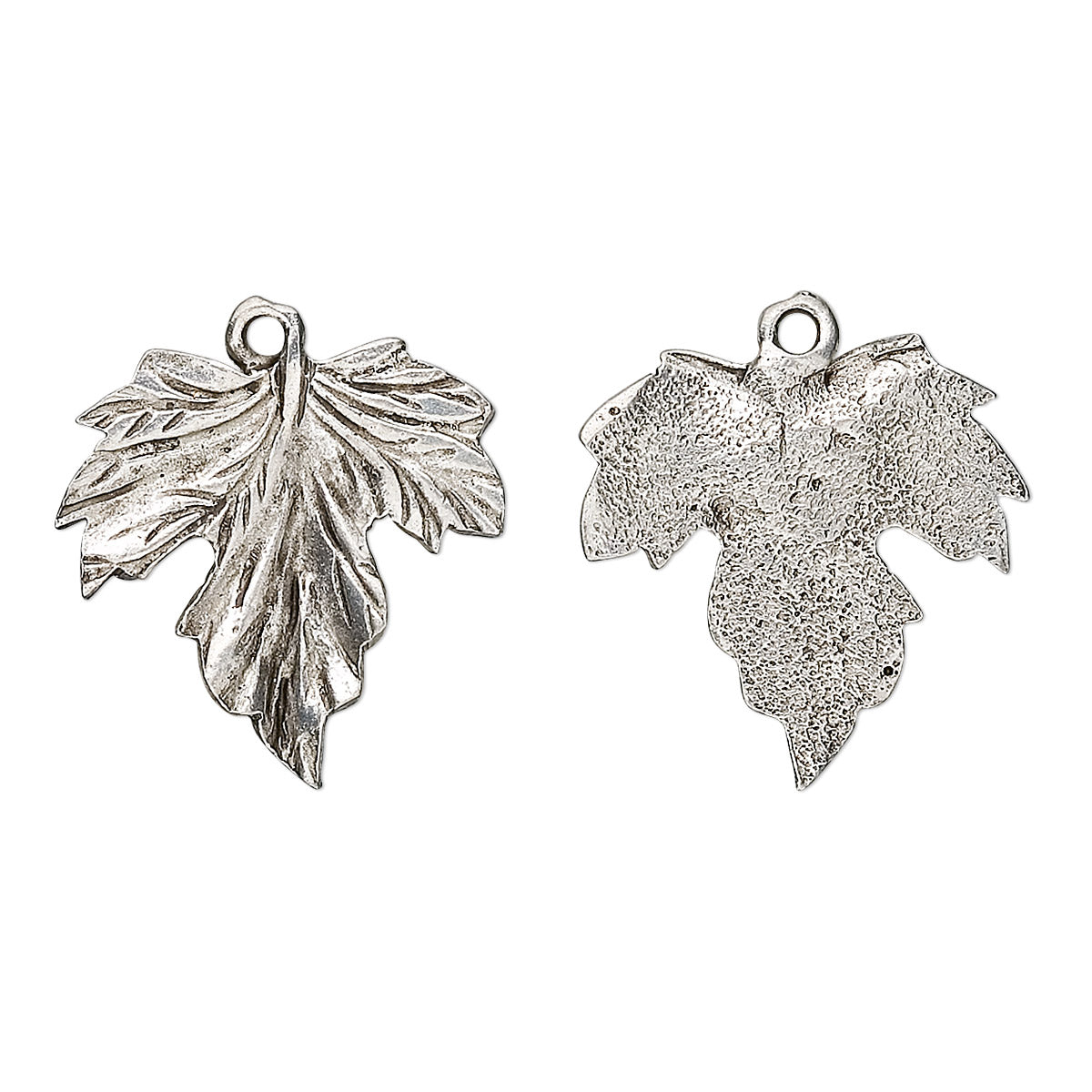 Two silver-toned leaf-shaped jewelry charms with textured finishes, shown on a plain white background with the word 'Back' below the right charm.