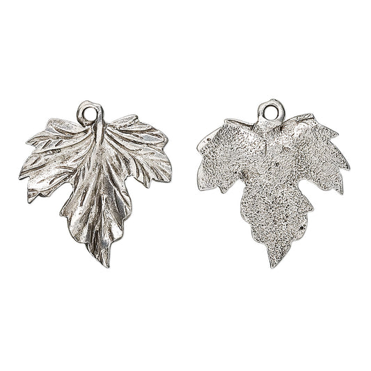 Two silver-toned leaf-shaped jewelry charms with textured finishes, shown on a plain white background with the word 'Back' below the right charm.