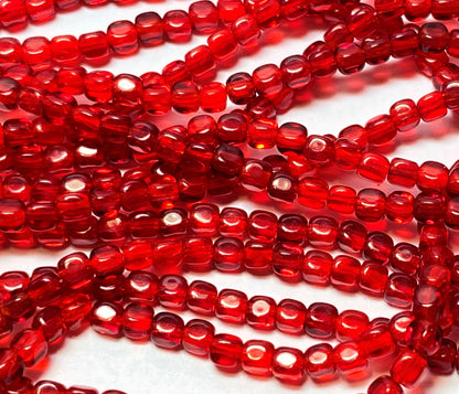 Czech Pressed Glass Transparent Light Siam Ruby Red Rounded Cube Beads 4mm — 100 pcs