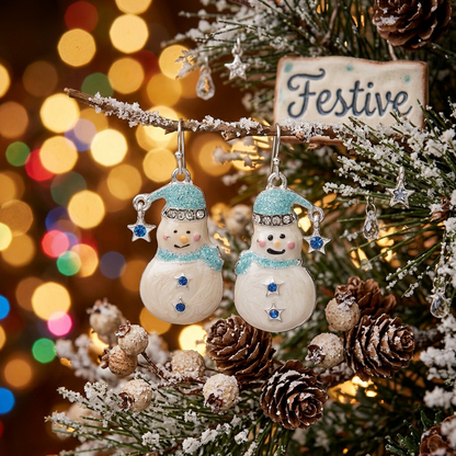 Silver Pewter Enamel Snowman Earrings or Charms, 26x14mm - 1 pair