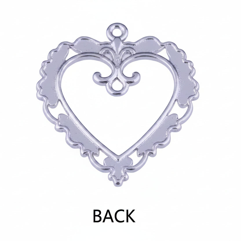 Silver heart-shaped jewelry pendant backplate with a decorative filigree border and top loop, shown on a plain light background with the word 'Back' below.