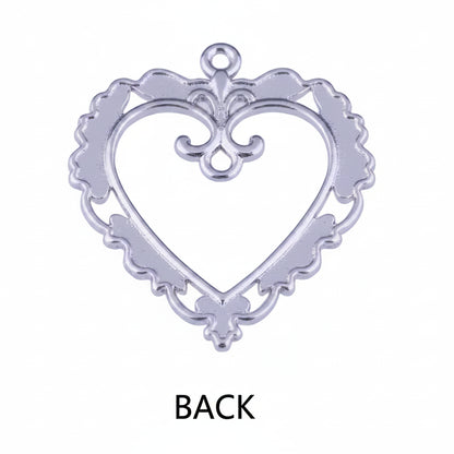 Silver heart-shaped jewelry pendant backplate with a decorative filigree border and top loop, shown on a plain light background with the word 'Back' below.
