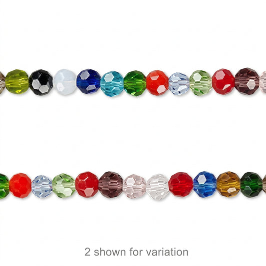 Two strands of faceted round beads in assorted colors, including green, black, white, blue, red, and clear, shown on a white background with the text '2 shown for variation' below.