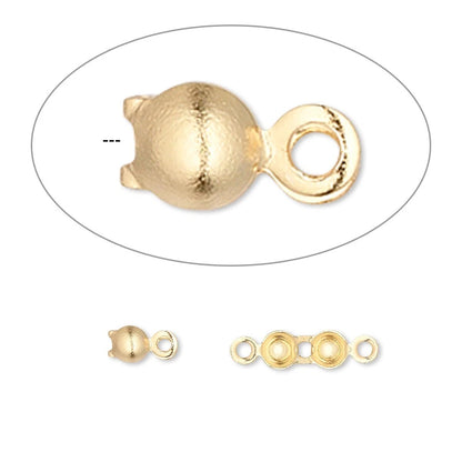 Gold-toned metal jewelry findings shown on a white background, including a large close-up of a round bead or charm with a loop, plus two smaller views of a matching three-loop chain link piece.
