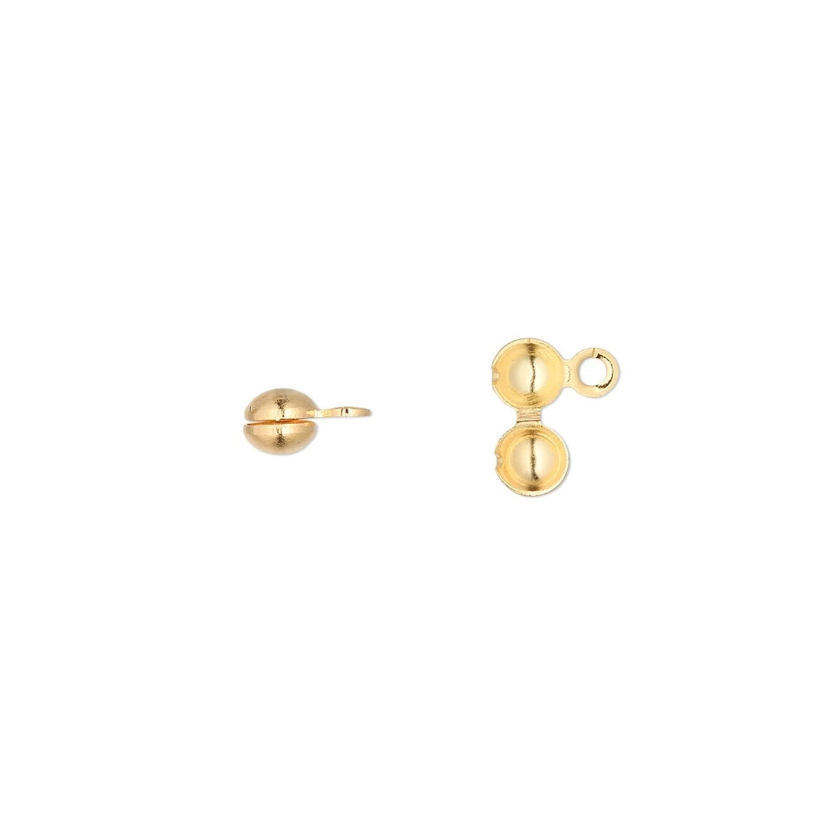 Gold-toned metal jewelry findings or bead components on a plain white background, including a small dome-shaped piece with a loop and a larger dome-shaped piece with a smaller ring.
