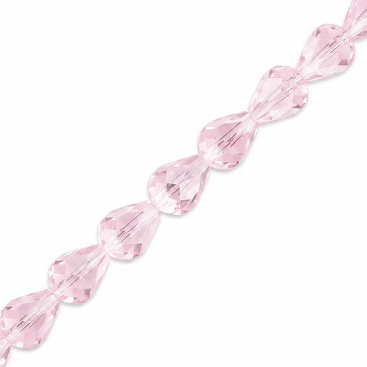 Faceted light pink teardrop-shaped beads strung in a single horizontal line on a plain white background.