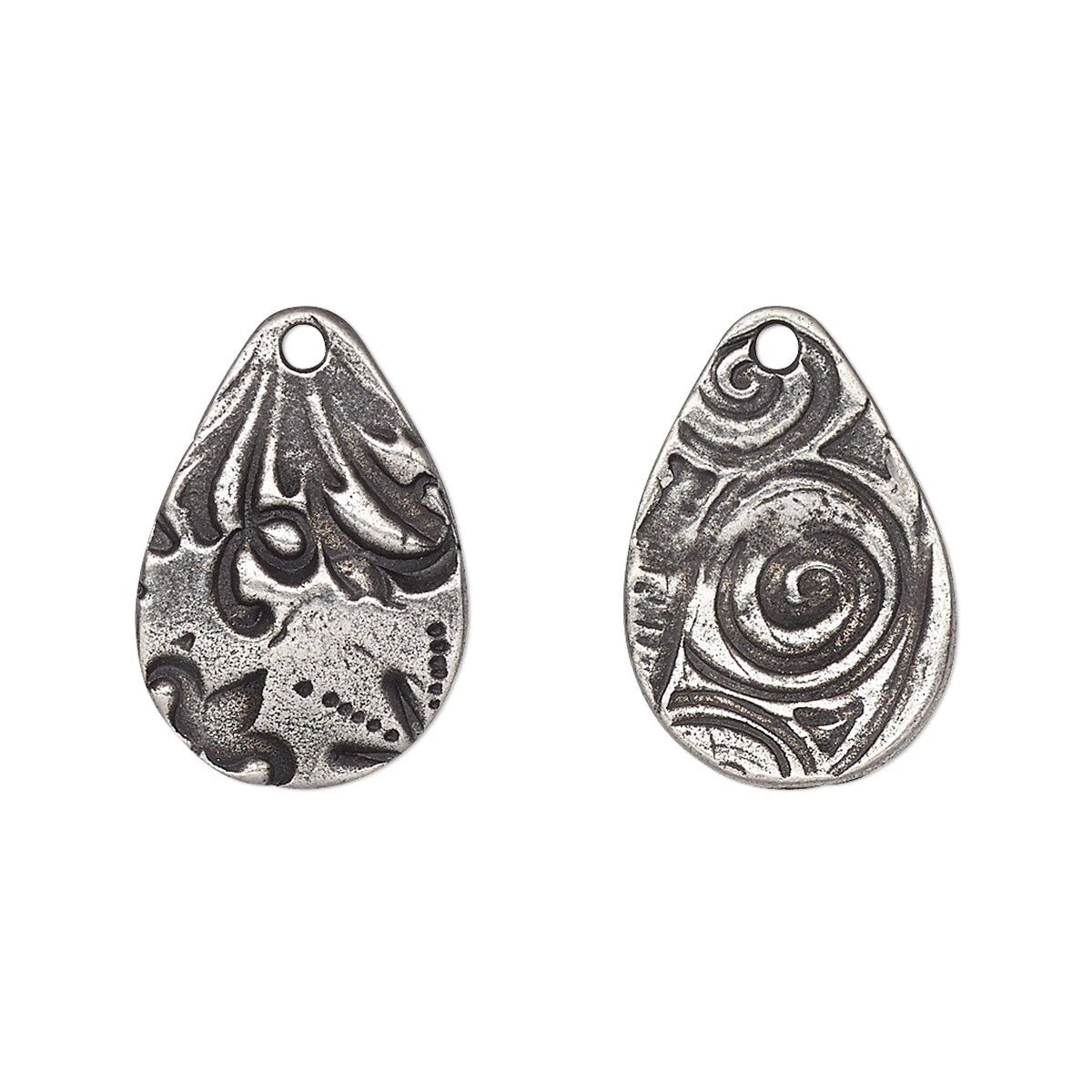 Two silver teardrop-shaped metal charms with embossed floral and spiral patterns, shown on a plain white background.