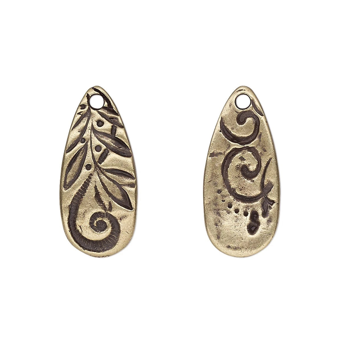 Two antique bronze teardrop-shaped metal charms with embossed floral and scroll designs, shown side by side on a plain white background.