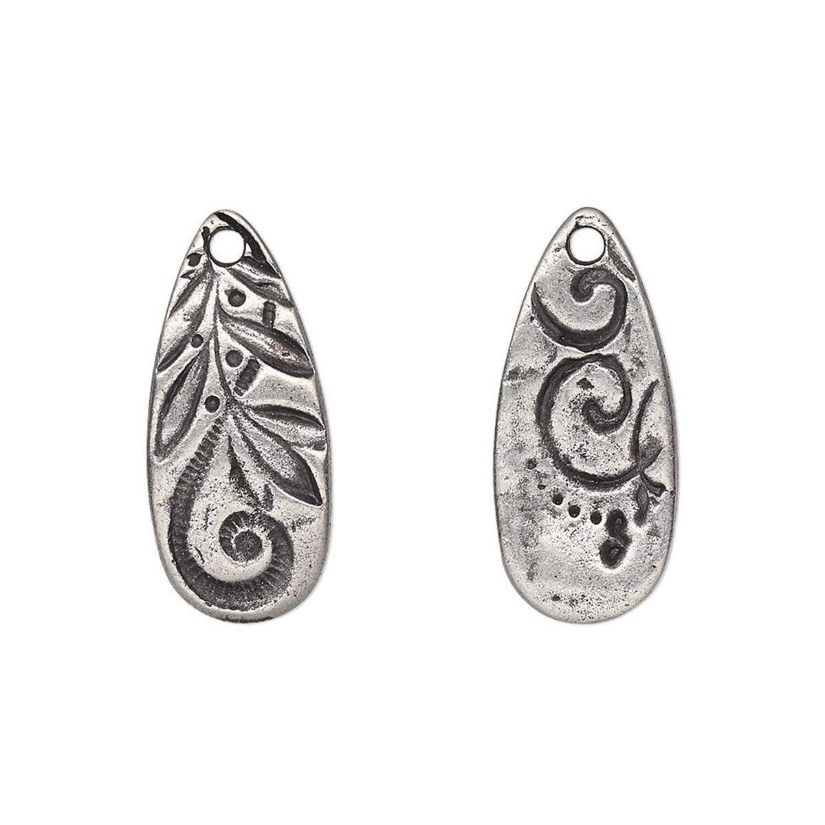 Two silver teardrop-shaped jewelry charms with embossed floral and scroll designs, shown side by side on a plain white background.