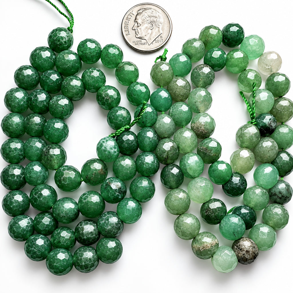 Two strands of faceted green jade-like beads with green string, displayed on a white background next to a US quarter for scale.
