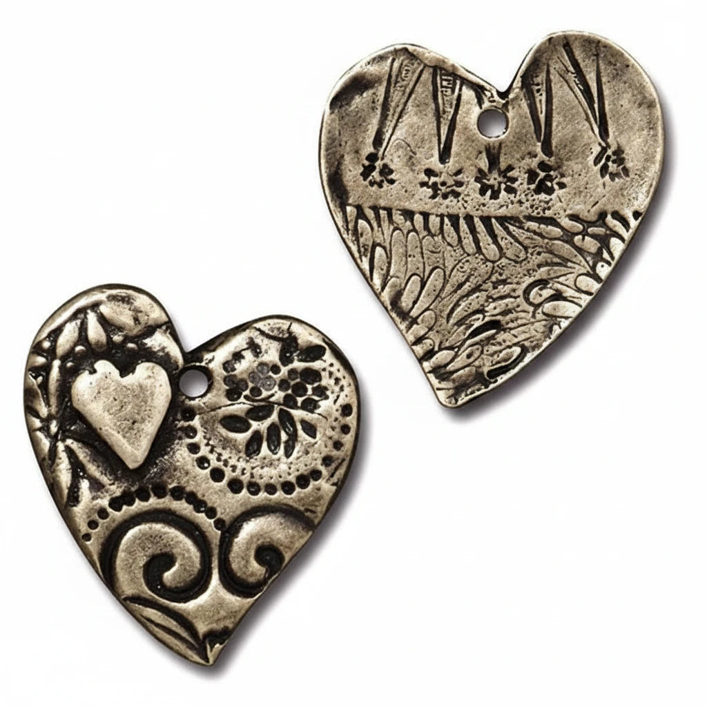 Two antique silver heart-shaped metal charms with engraved floral and scroll patterns, one showing the front and the other the back, on a white background.