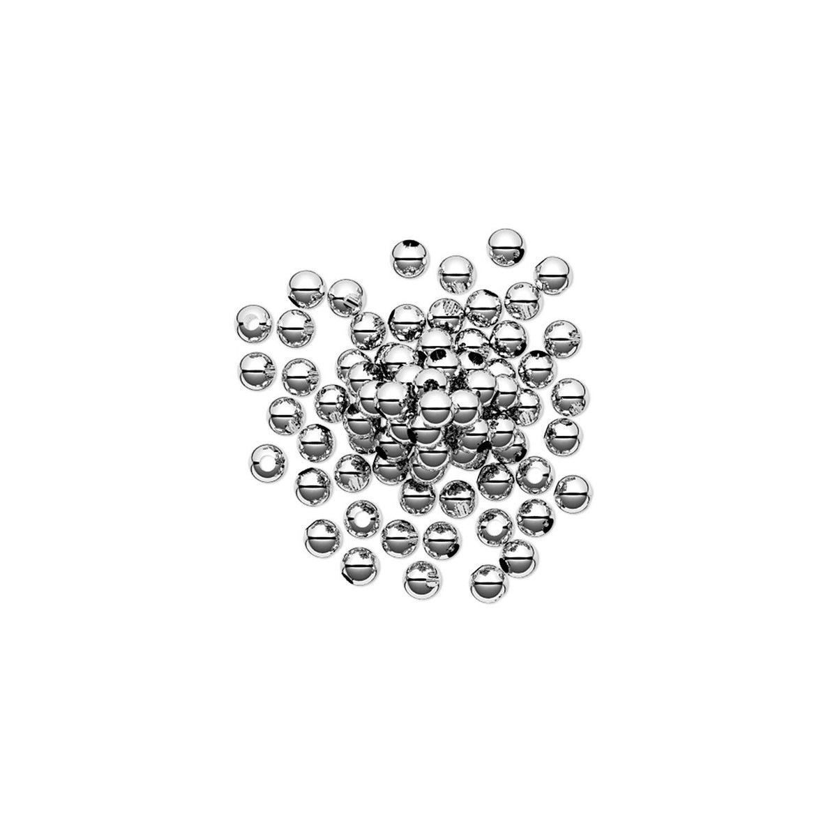 A pile of small, polished silver metallic beads on a solid white background.